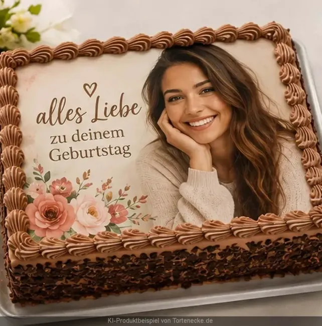 Personalisierter rechteckiger Tortenaufleger zum Geburtstag mit eigenem Bild und Schokorand.